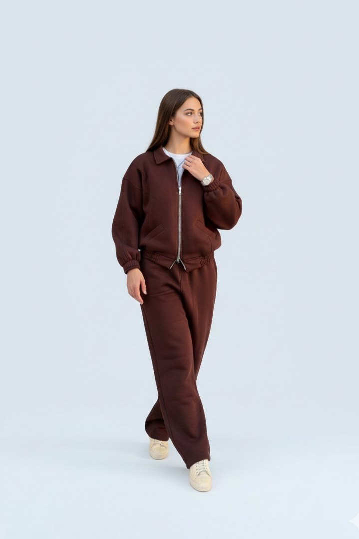 Woman wearing a brown tracksuit 